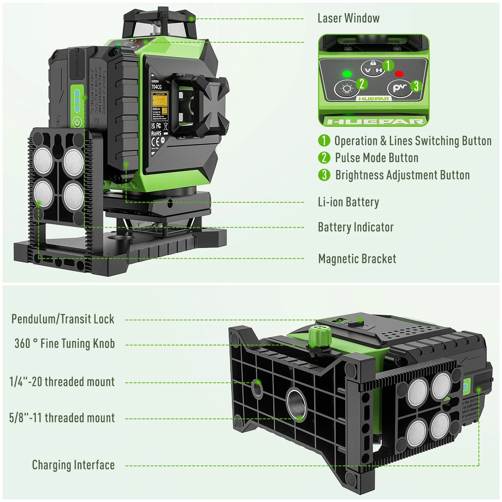 Laser Level 16 Lines 4D Green - Huepar 704CG Nível a Laser Digital